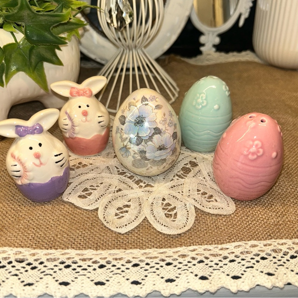 Vintage Easter Salt & Pepper Shakers 2 sets SMALL 2.5" Bunnies Eggs Cottagecore
